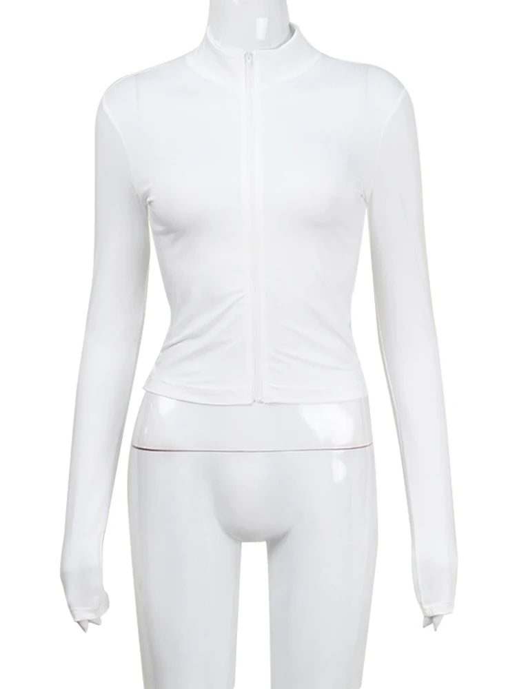 CNYISHE Solid Sexy Club Women Bodysuits Fashion Casual Zipper Long Sleeveless V-Neck Streetwear Y2k Slim Tops Tees Female Blusas