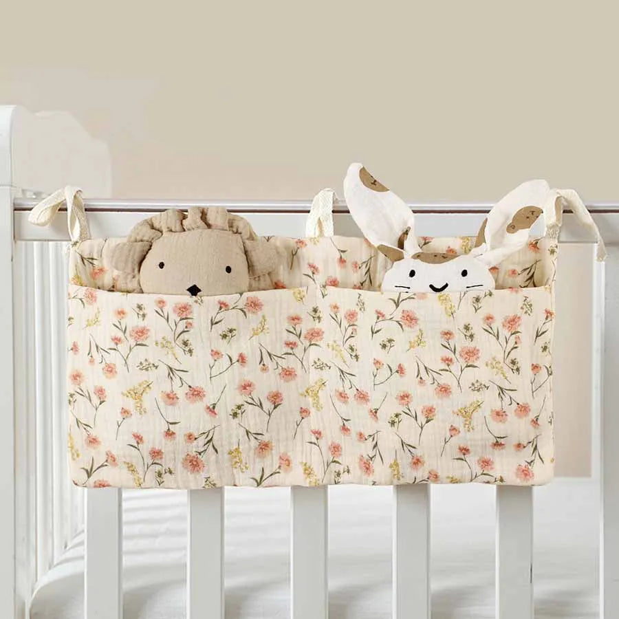 Bedside Hanging Diaper Bag Infant Toys Bag Stroller Diapers Hanging Bag Baby Crib Organizer Cot Caddy Bed Storage Bag 2 Pockets