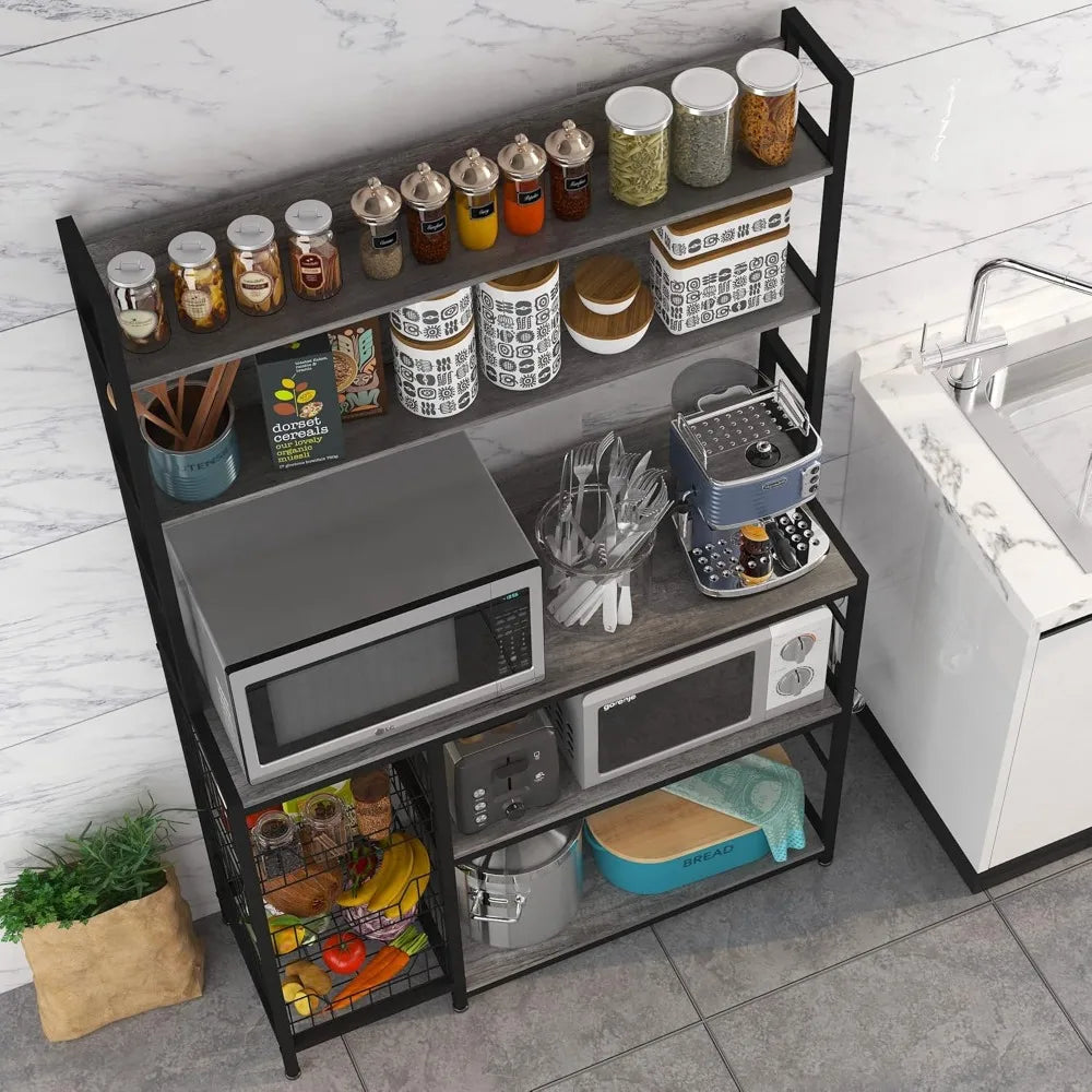 Kitchen Bakers Rack with Baskets,Free Standing Shelf,5-Tier Kitchen Utility Storage Shelf with Hooks, Microwave Oven Stand Rack
