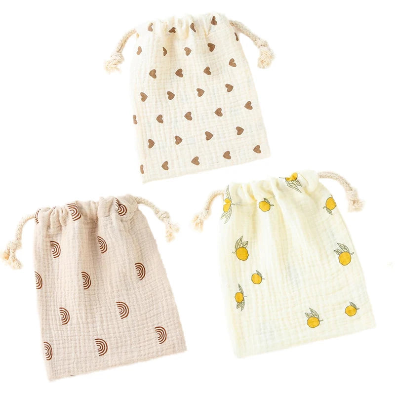 3 PCS Cotton Muslin Stroller Hanging Pocket Baby Towel Diaper Pouch Baby Drawstring Storage Bags Baby Items Accessories