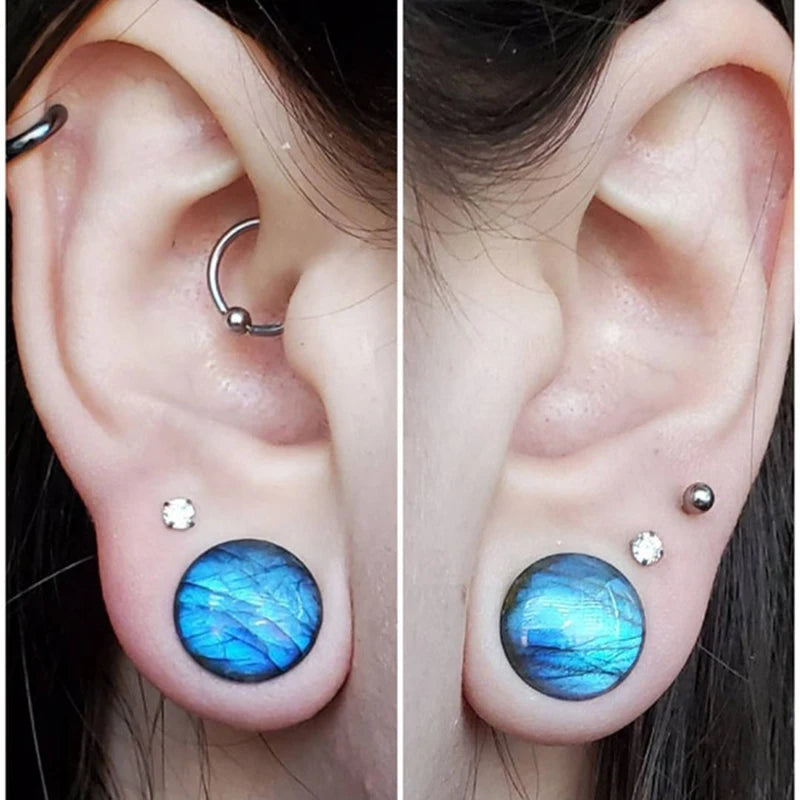 Organic Labradorite Stone Ear Plugs Tunnels Flesh Double Flare Ear Gauge Expander Round Piercing Oreja Labret Helix Body Jewelry