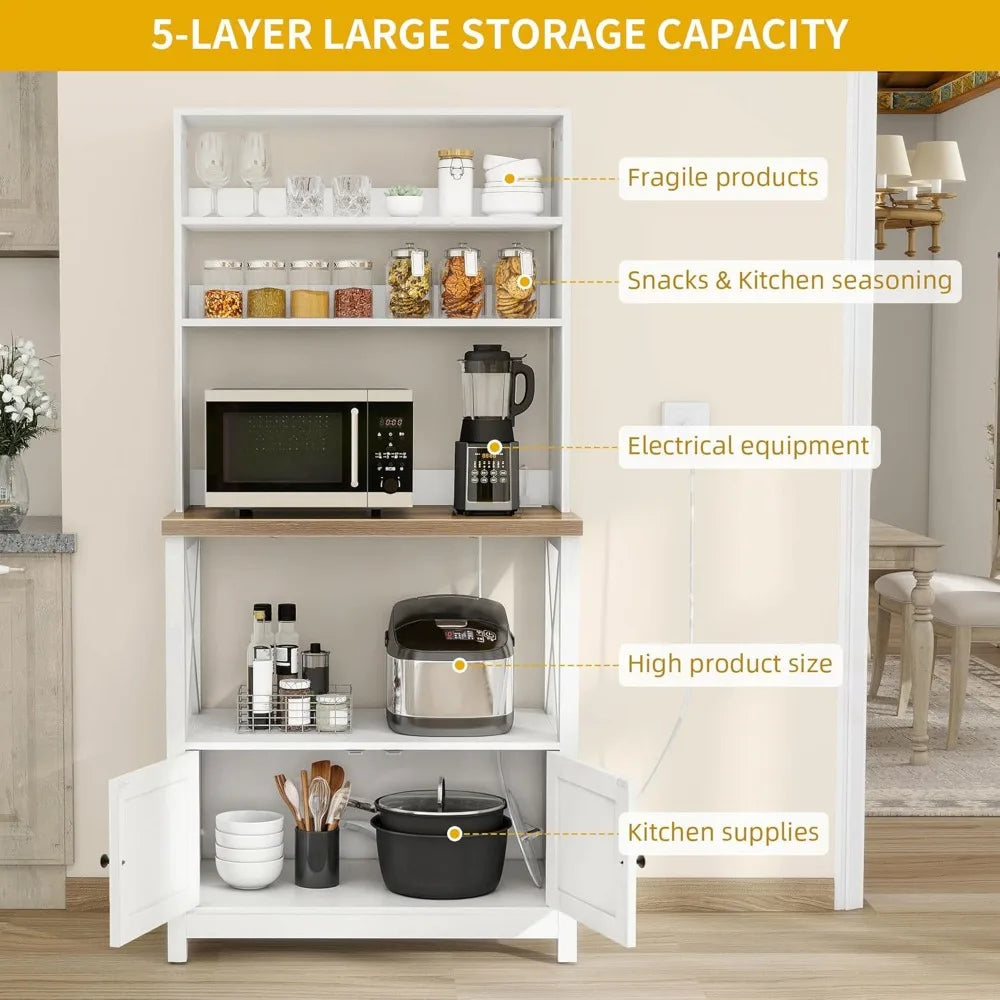DWVO White Baker Rack with Storage & Power Outlet, Farmhouse Microwave Stand for Kitchen, 5-Tier Coffee Bar Cabinet Station Thic