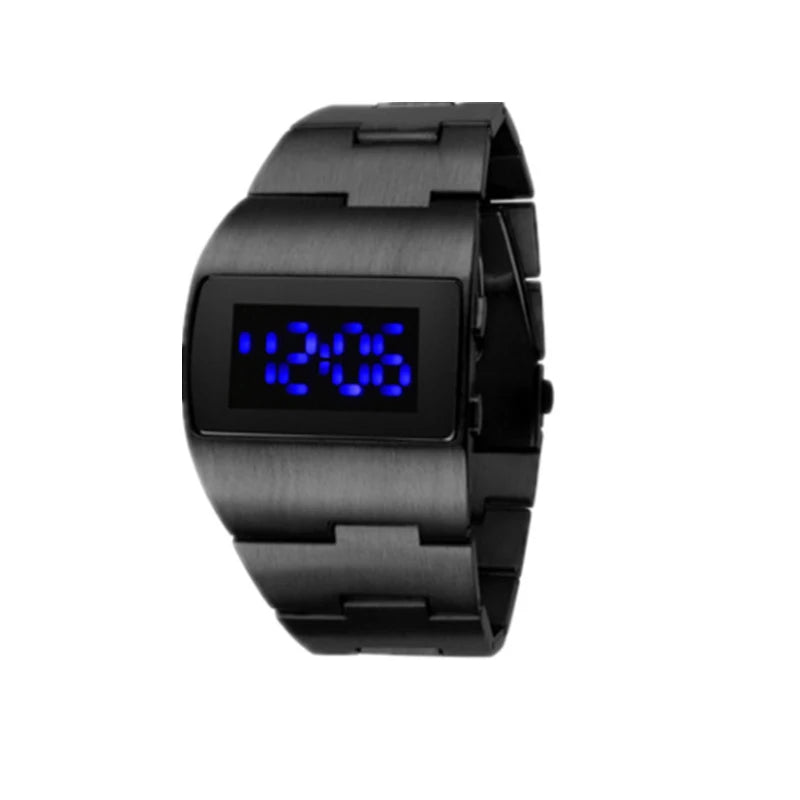 Digital Mens Watches Black Stainless Steel Bracelet Men Electronic Wrist Watches Jewelry Gift