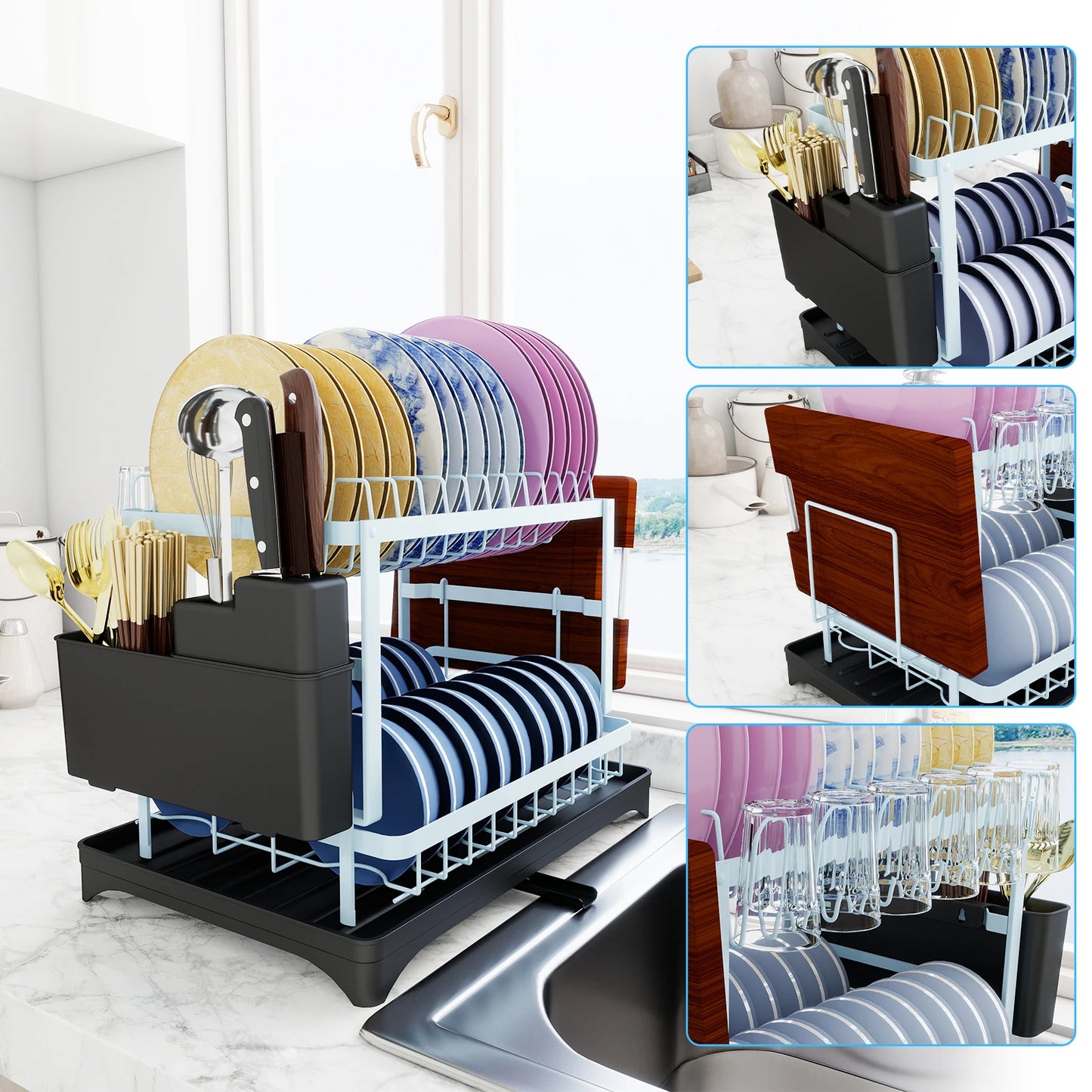 Pink Dish rack, kitchen storage organizer for bowls and plates, snap-on design, no drilling install, trendy home appliance