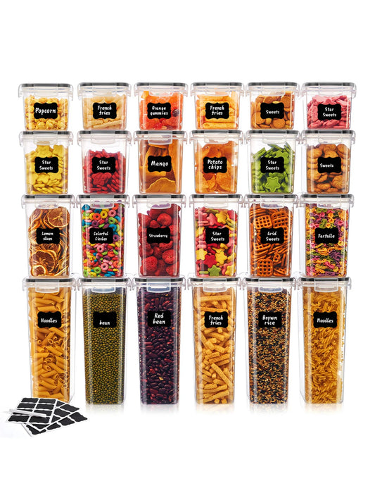 24pcs New Kitchen Sealed Storage Box Set Dry Food Storage For Sugar, Flour, Baking PP Material Comes with Convenience Stickers