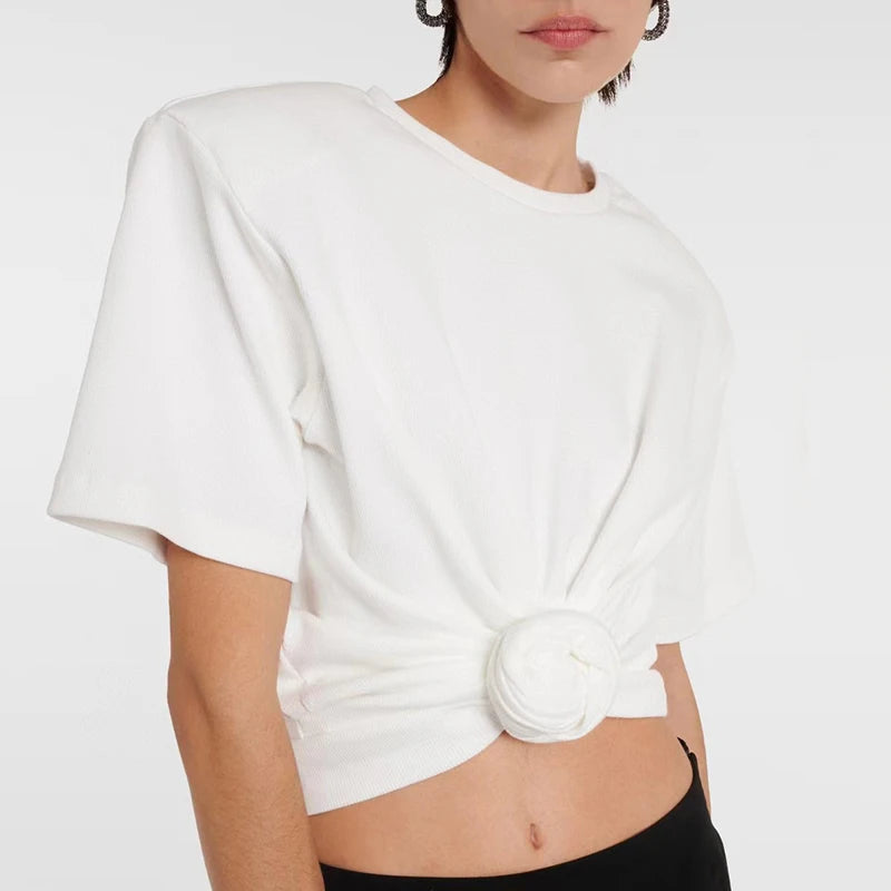 Y2K knotted twist knitted threaded round neck Top women fashionable and versatile navel padded shoulder short-sleeved T-shirt