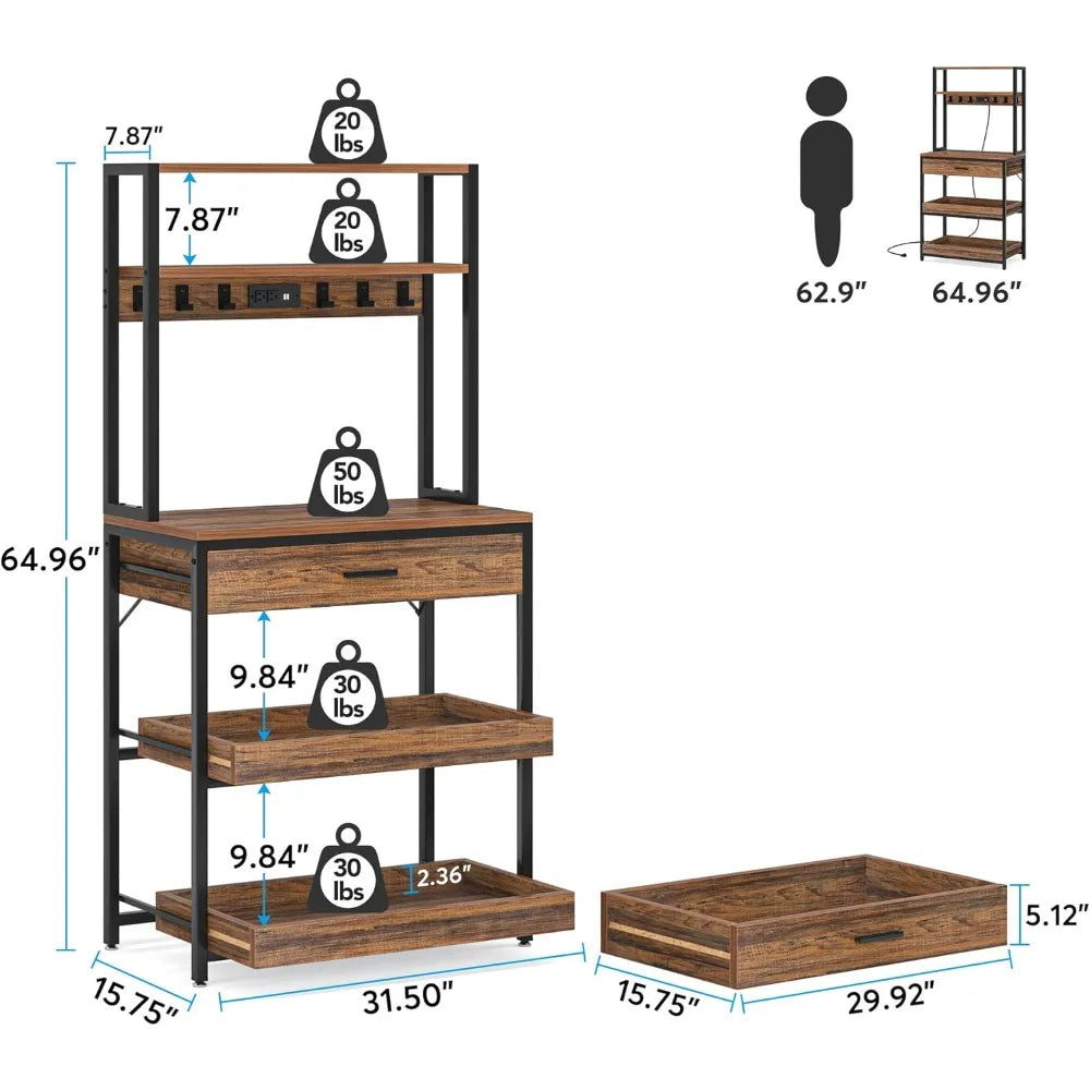LITTLE TREE Kitchen Baker’s Rack with Power Outlets, Freestanding 5-Tier Microwave Stand with Drawers & Sliding Shelves, Coffee