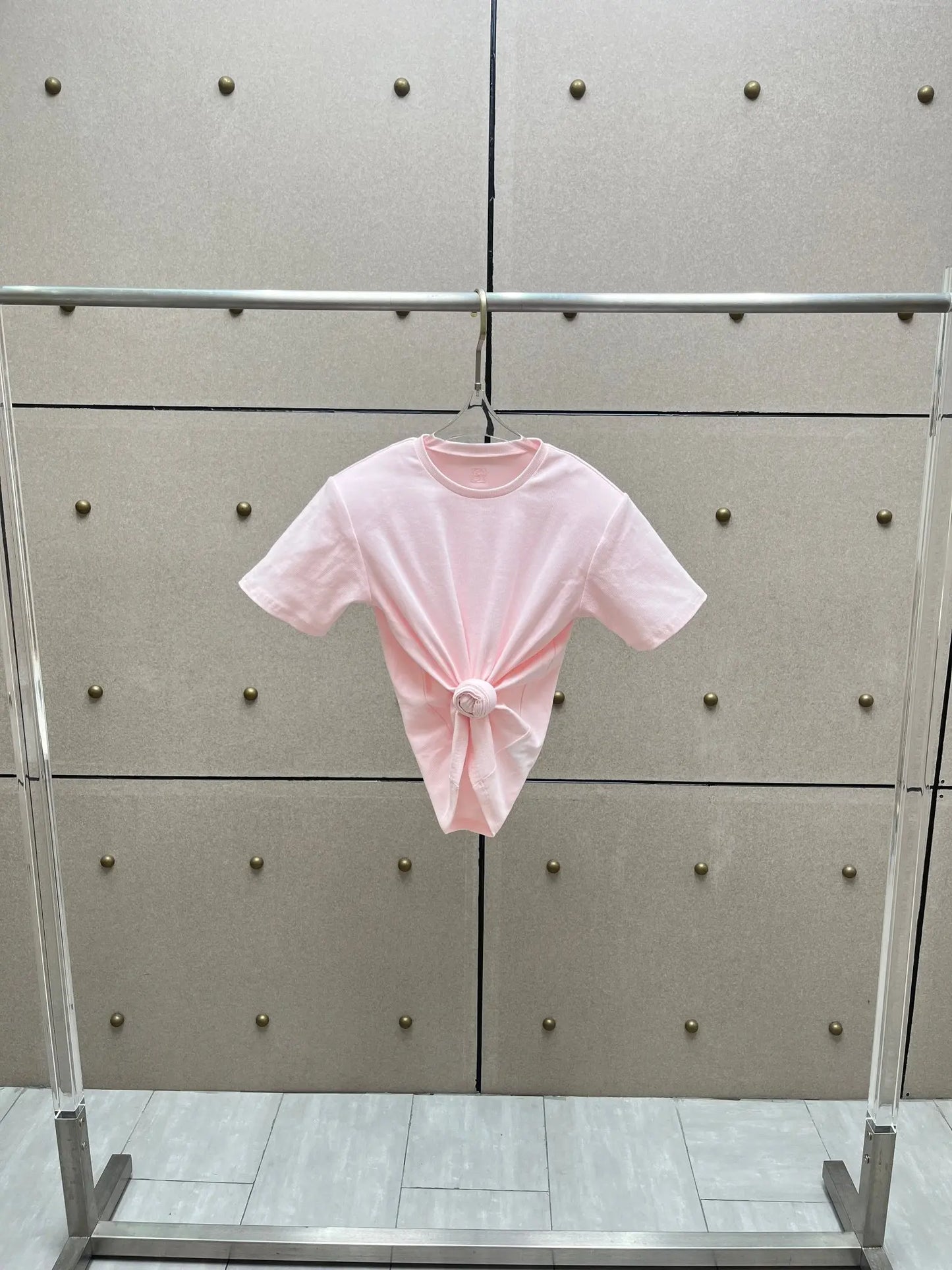 Y2K knotted twist knitted threaded round neck Top women fashionable and versatile navel padded shoulder short-sleeved T-shirt