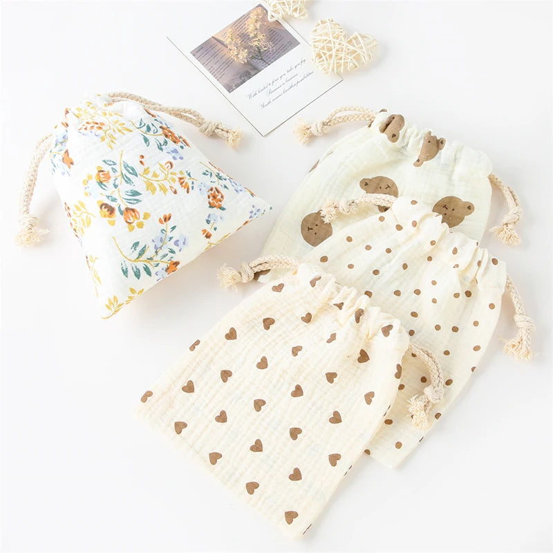 3 PCS Cotton Muslin Stroller Hanging Pocket Baby Towel Diaper Pouch Baby Drawstring Storage Bags Baby Items Accessories