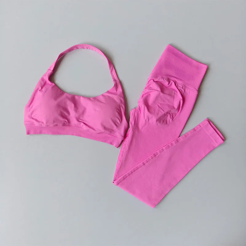 Seamless Hornet Beautiful Back Crop Top Bra High Waist Peach Sports Leggings Suit Yoga Training Running Fitness Gym Women Set