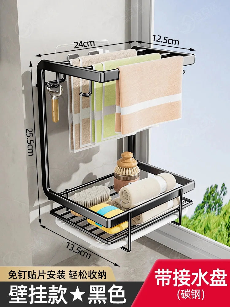 Wall-Mounted Non-Perforated Rag Rack Kitchen Shelf Dishcloth Tabletop Storage Hanging Rack Organizer for Home