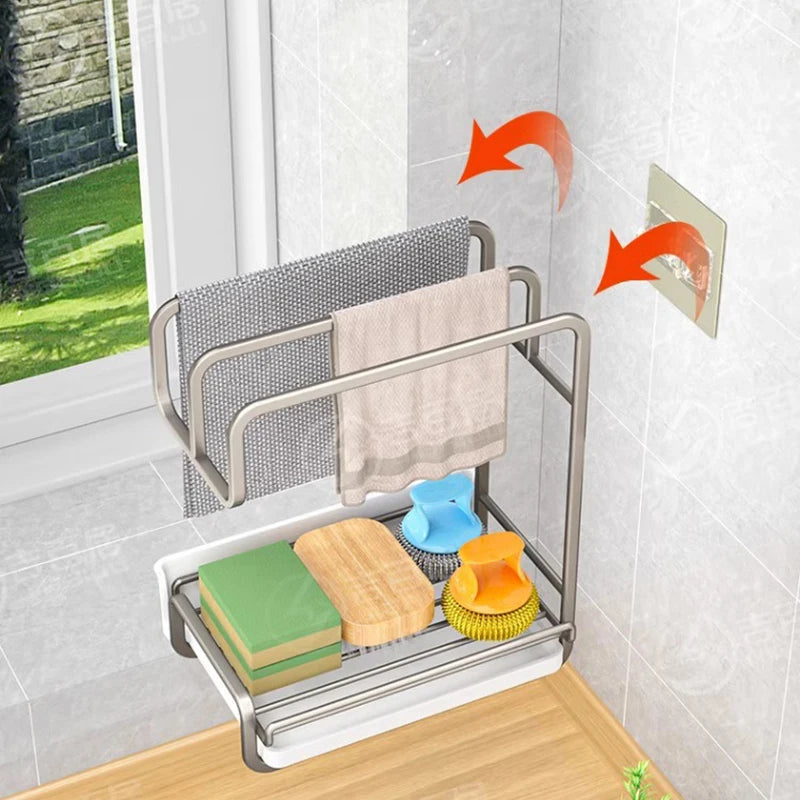 Wall-Mounted Non-Perforated Rag Rack Kitchen Shelf Dishcloth Tabletop Storage Hanging Rack Organizer for Home