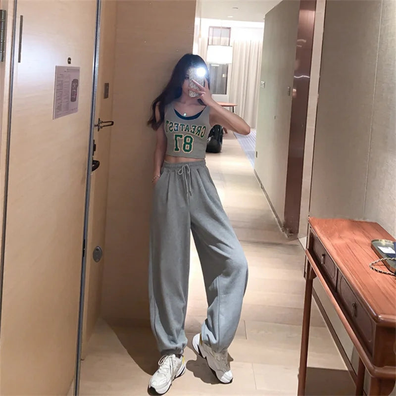 Casual Elastic High Waist Drawstring Sweatpants Women Fashion Grey Sports Joggers Harem Pants Streetwear Female 2025 Trousers