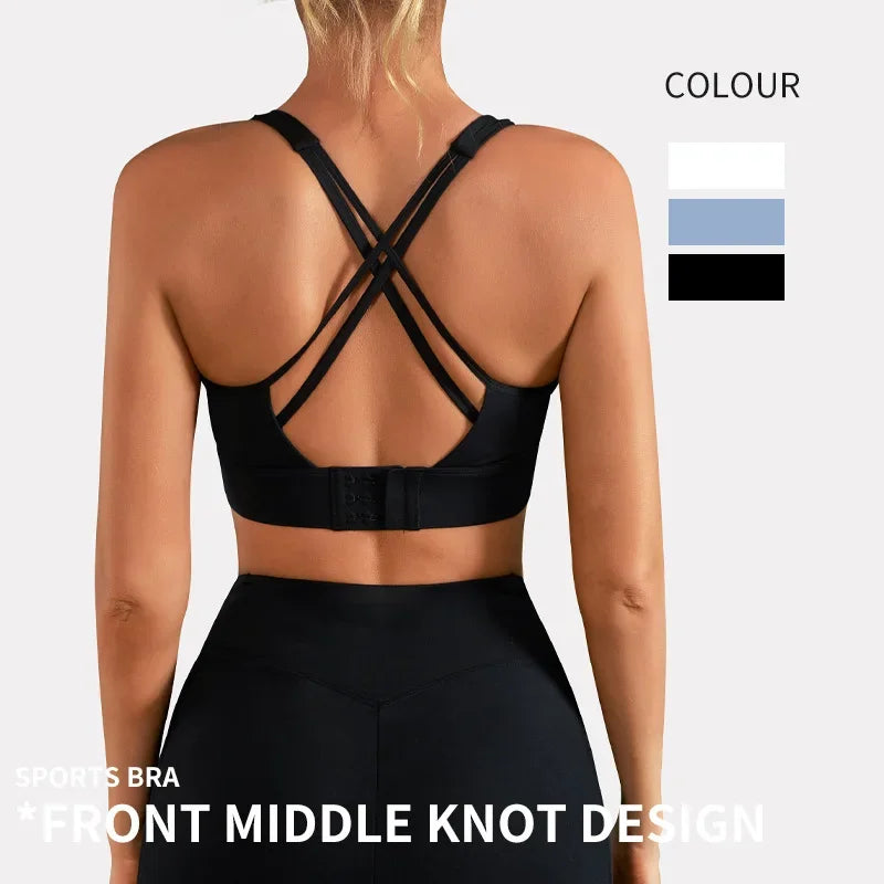 Women Solid Color Cross Back Fitness Sport Bra High Strength Tight Top Comprehensive Training Gym Yoga Bras with Chest Pad