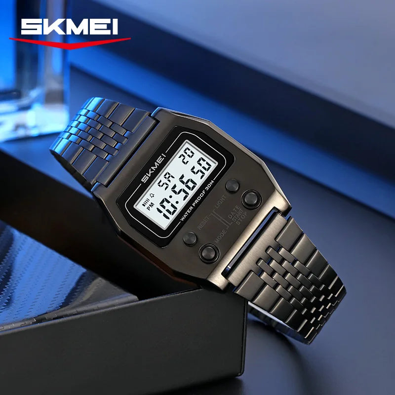 SKMEI 2460 Wristwatches Reloj Hombre Waterproof Digital Watch for Men Stainless Steel Sport Luxury Retro LED Electronic Mens