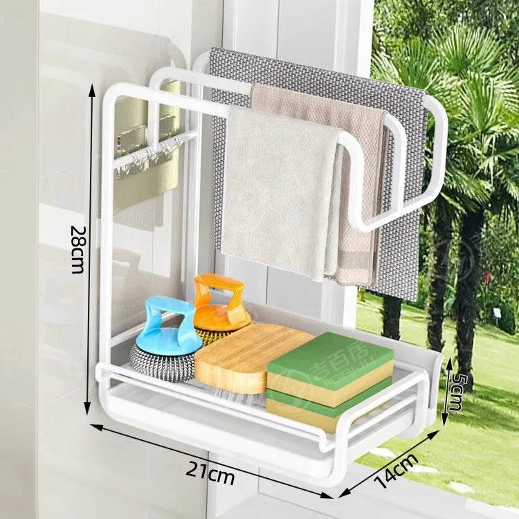 Wall-Mounted Non-Perforated Rag Rack Kitchen Shelf Dishcloth Tabletop Storage Hanging Rack Organizer for Home