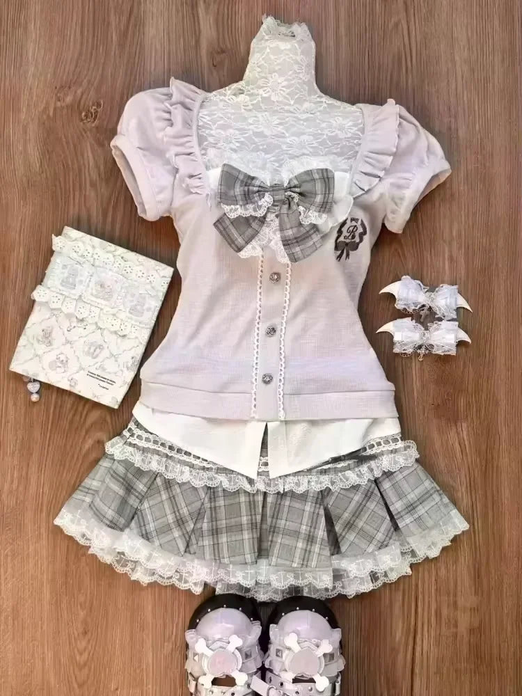 Japanese Sweet Preppy Style 2 Piece Set Women Kawaii Lace Patchwork Bow Tops + Y2k Plaid Mini Skirt Elegant Fashion Outifits New