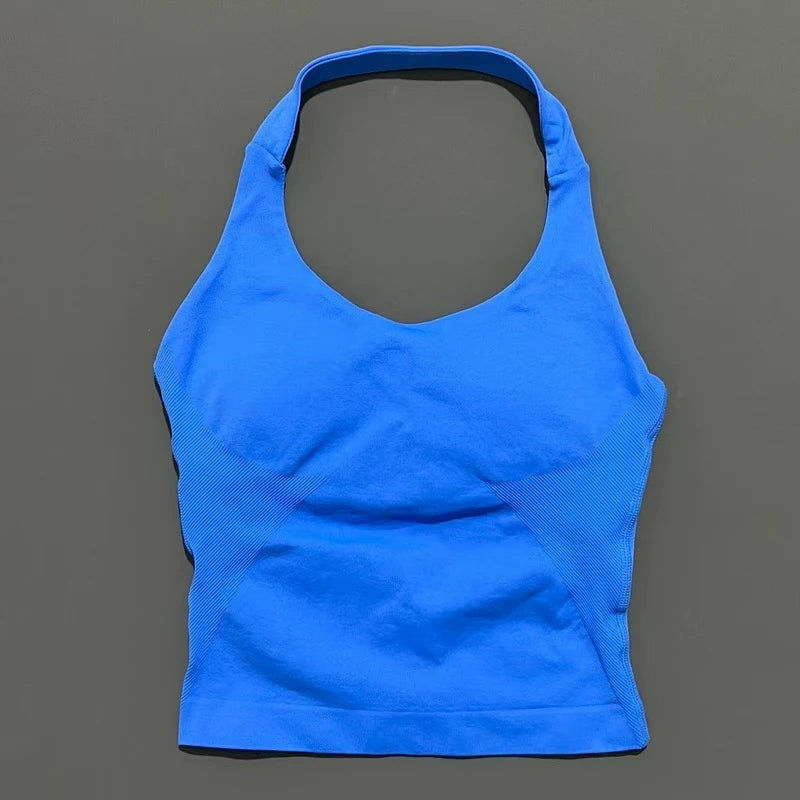 Histello Longline Strappy Top Women Sports Tank Halter Seamless Ruched Backless Gym Activewear Workout Yoga Fitness Tops