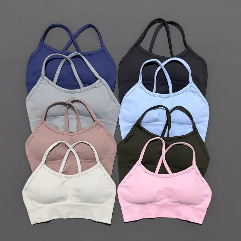 Histello Backless Sports Bra Women Seamless Yoga Top High Support Fitness Underwear Back Cross Gym Crop Top Running Workout Bras