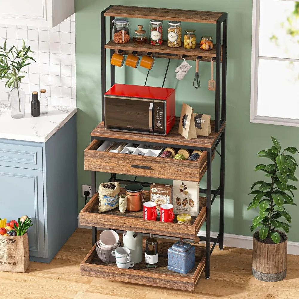 LITTLE TREE Kitchen Baker’s Rack with Power Outlets, Freestanding 5-Tier Microwave Stand with Drawers & Sliding Shelves, Coffee