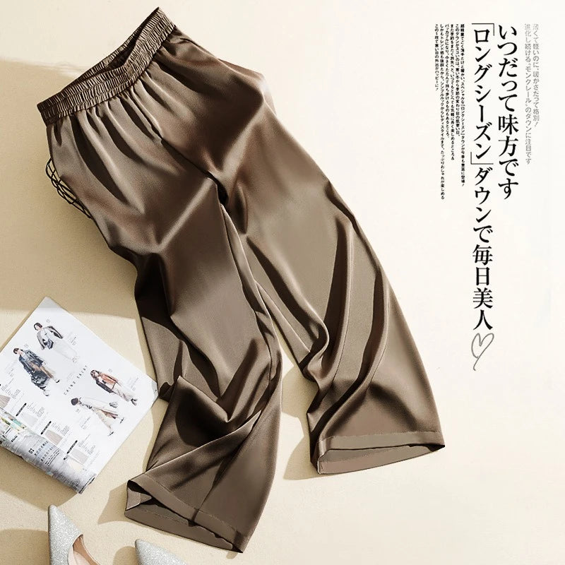 Acetate Satin Wide-leg Pants Women Summer New High-waisted Silk Straight Trousers Ladies Silky Green Korean Fashion Long Pants