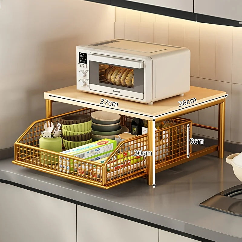 Modern kitchen microwave rack storage rack - sturdy solid wood and metal structure, space-saving countertop storage rack