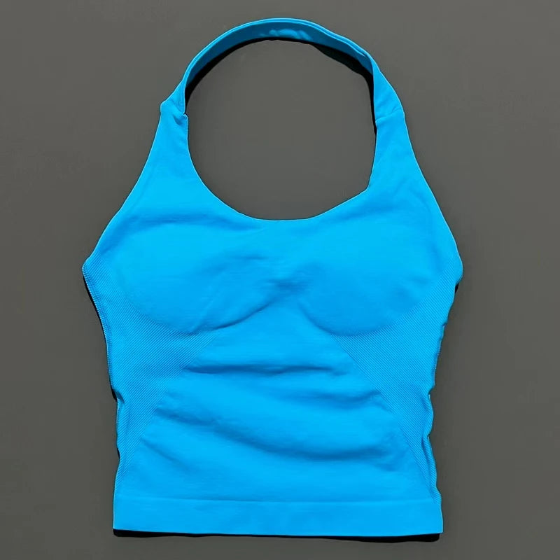Histello Longline Strappy Top Women Sports Tank Halter Seamless Ruched Backless Gym Activewear Workout Yoga Fitness Tops