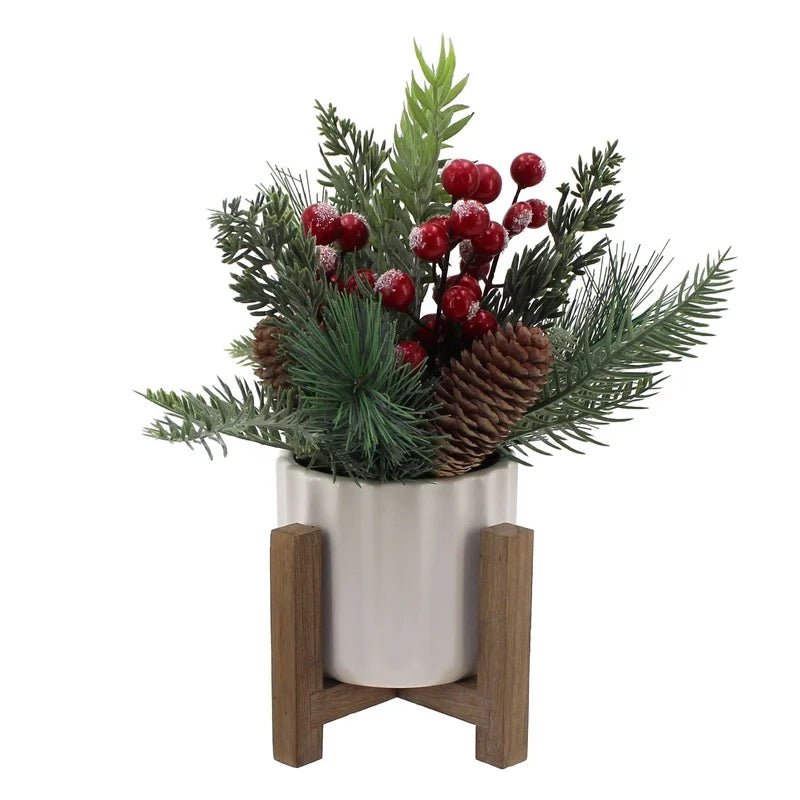 11" Artificial Christmas Tabletop Tree Red Berries Pine White Ceramic Planter Wooden Stand Holiday Home Decoration Indoor Use