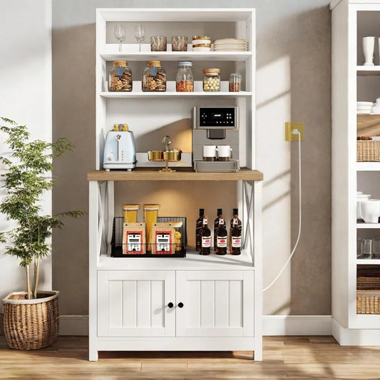 DWVO White Baker Rack with Storage & Power Outlet, Farmhouse Microwave Stand for Kitchen, 5-Tier Coffee Bar Cabinet Station Thic