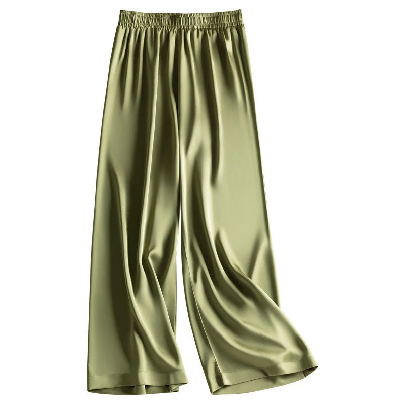 Acetate Satin Wide-leg Pants Women Summer New High-waisted Silk Straight Trousers Ladies Silky Green Korean Fashion Long Pants