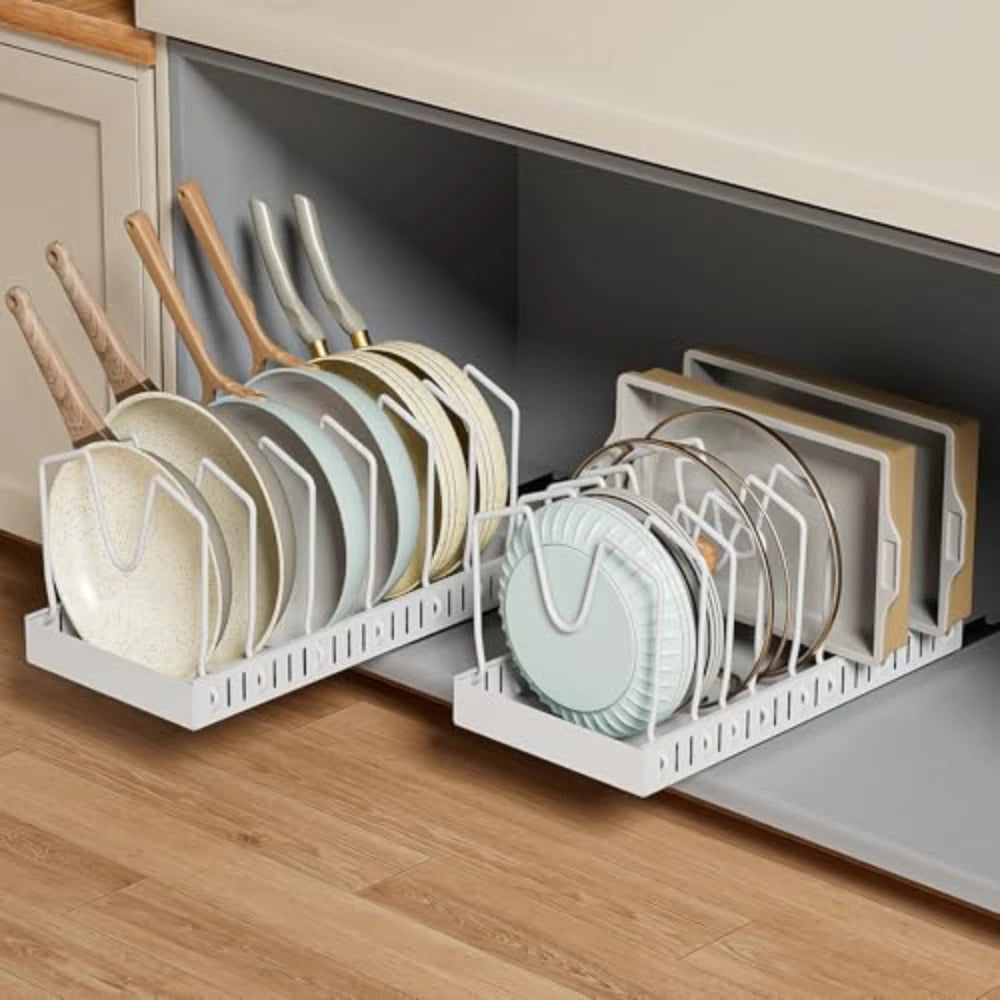 Kitchen Pull-Out Pot Rack Adjustable Cupboard Trays Dishes Partition Shelf with Slide Rails Organizer Tray Drawer Storage Racks