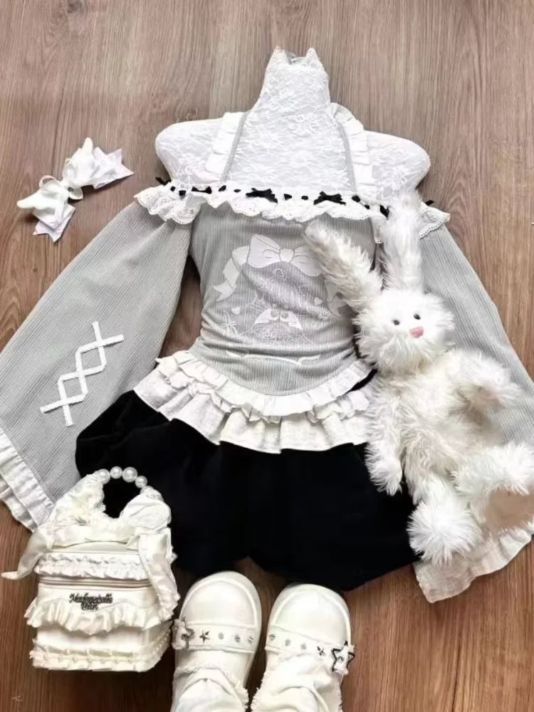 Japanese Sweet Preppy Style 2 Piece Set Women Kawaii Lace Patchwork Bow Tops + Y2k Plaid Mini Skirt Elegant Fashion Outifits New