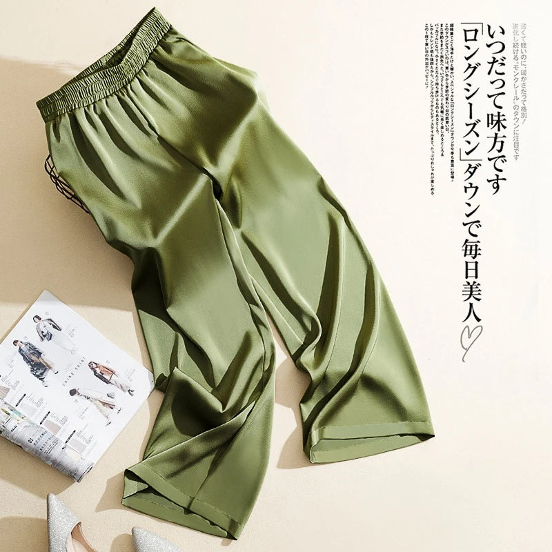 Acetate Satin Wide-leg Pants Women Summer New High-waisted Silk Straight Trousers Ladies Silky Green Korean Fashion Long Pants