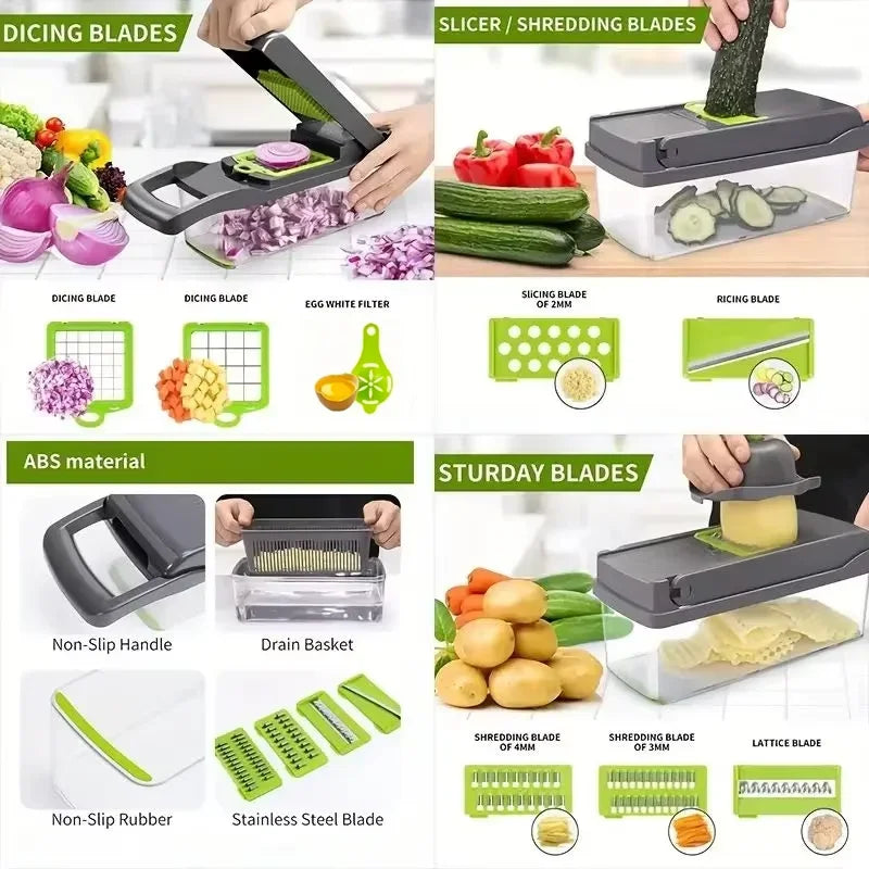 Vegetable Cutter Multifunctional Kitchen Tool, 5-in-1 Food Chopper for Tomato Carrot Cheese Onion, Handheld Slicer Dicer Grater