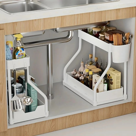 Space Saving 2 Tier Pull Out Storage Box Durable Large Capacity Kitchen Bathroom Essential Drawer Organizer