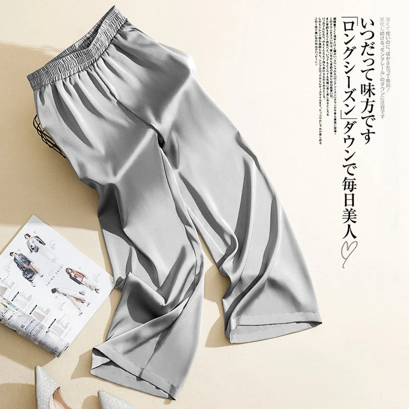 Acetate Satin Wide-leg Pants Women Summer New High-waisted Silk Straight Trousers Ladies Silky Green Korean Fashion Long Pants