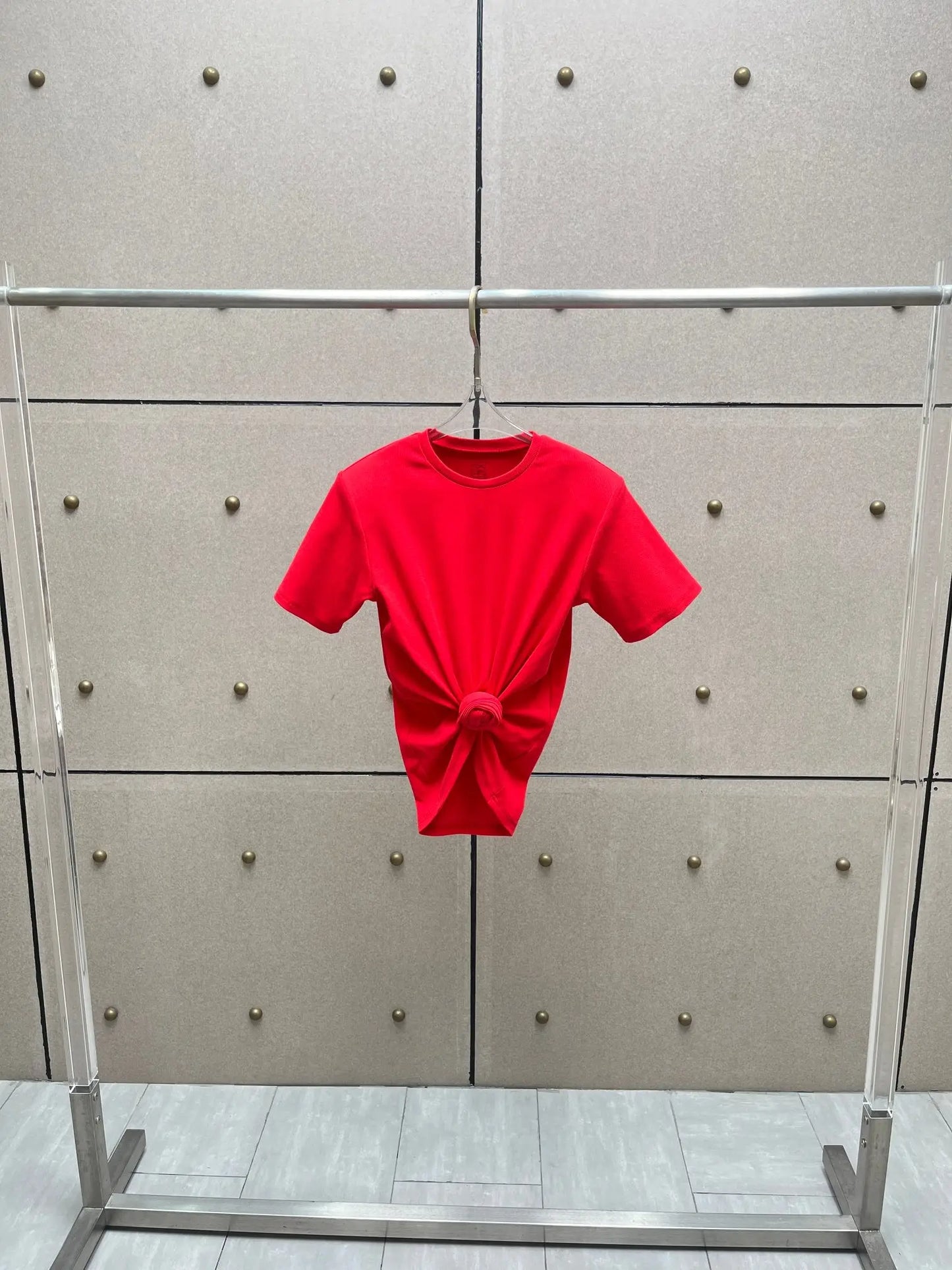 Y2K knotted twist knitted threaded round neck Top women fashionable and versatile navel padded shoulder short-sleeved T-shirt