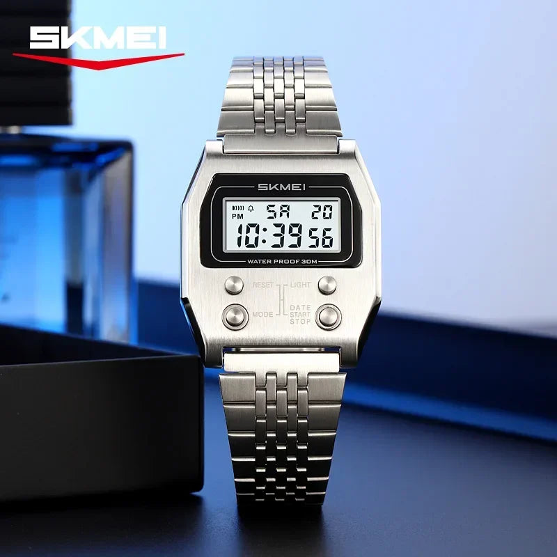 SKMEI 2460 Wristwatches Reloj Hombre Waterproof Digital Watch for Men Stainless Steel Sport Luxury Retro LED Electronic Mens