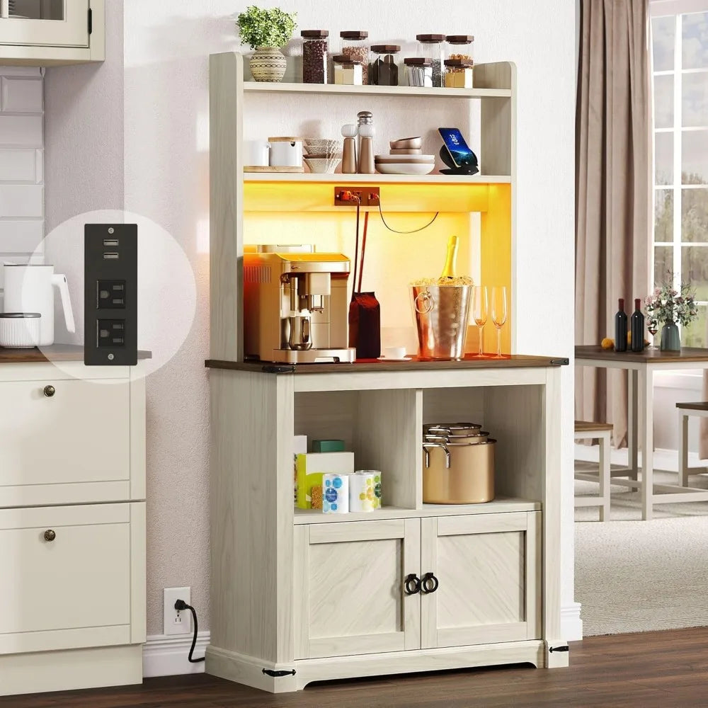 DWVO Kitchen Coffee Bar Cabinet with Storage & LED Lights, Baker Rack with Microwave Stand & Power Outlet, Farmhouse Food Pantry