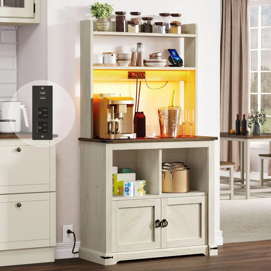 DWVO Kitchen Coffee Bar Cabinet with Storage & LED Lights, Baker Rack with Microwave Stand & Power Outlet, Farmhouse Food Pantry
