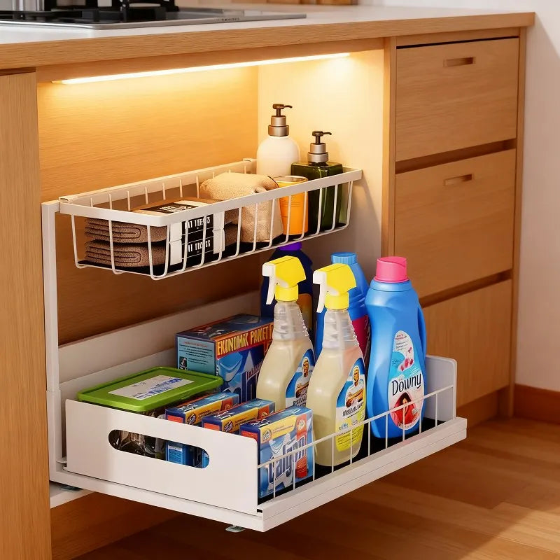 Under Sink 2 Tier Sliding Cabinet Basket Organizer Drawer Pull Out Cabinet Multi-PurposeSink Organizer for Bathroom Kitchen
