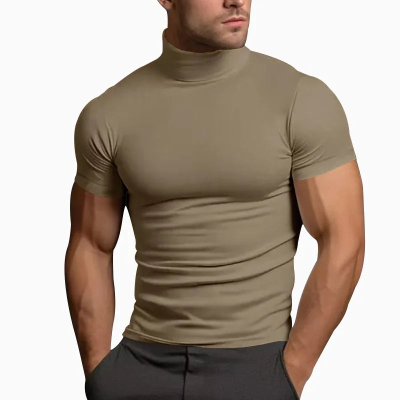 Cross-border Amazon 2024 summer solid color short-sleeved fashion bottoming shirt men's tight turtleneck T-shirt