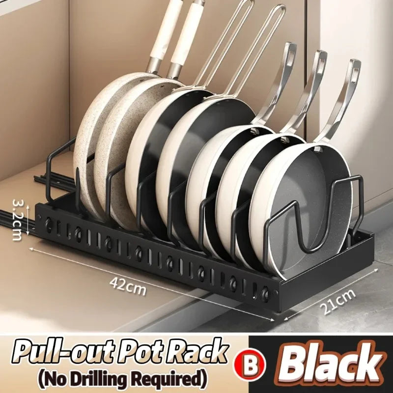 Kitchen Pull-Out Pot Rack Adjustable Cupboard Trays Dishes Partition Shelf with Slide Rails Organizer Tray Drawer Storage Racks