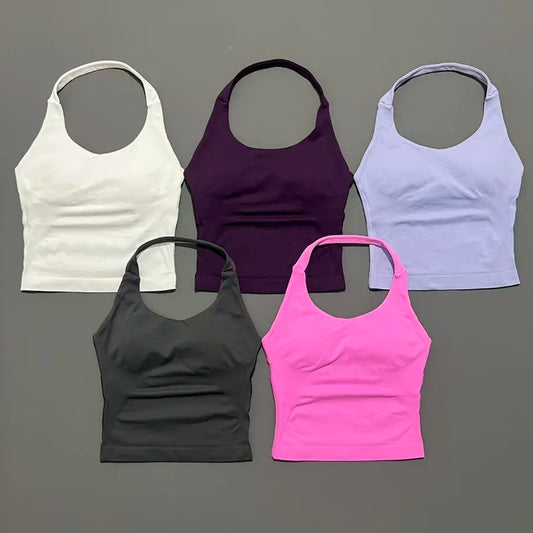 Histello Longline Strappy Top Women Sports Tank Halter Seamless Ruched Backless Gym Activewear Workout Yoga Fitness Tops