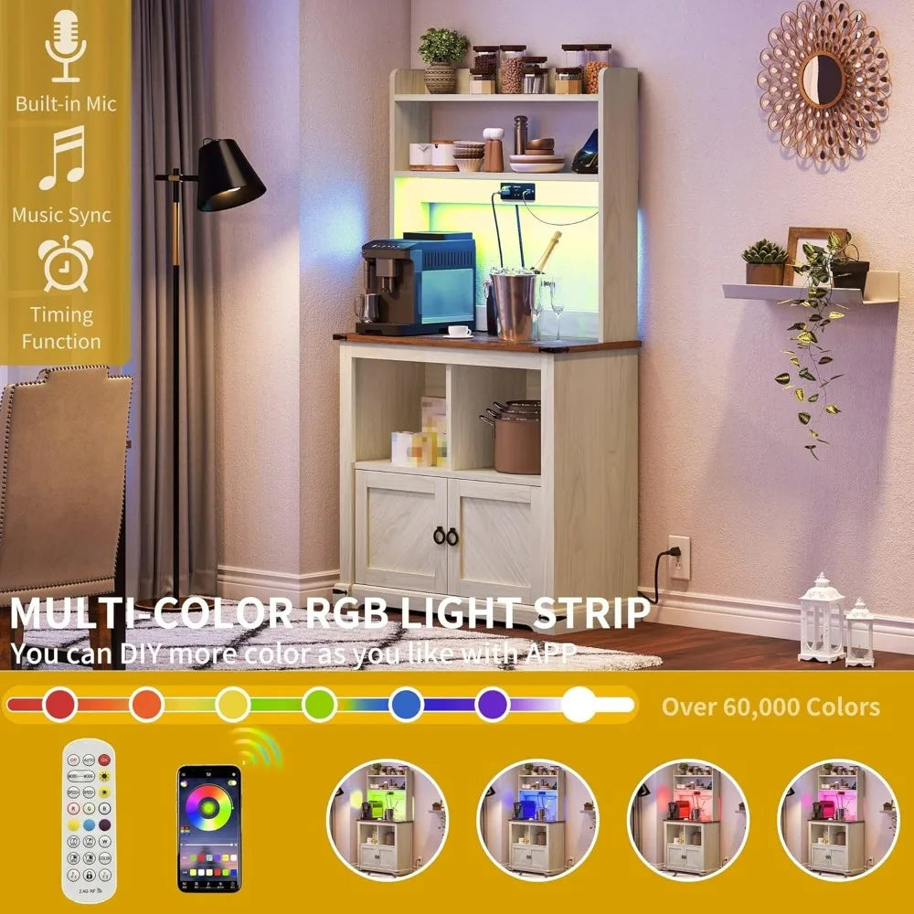 DWVO Kitchen Coffee Bar Cabinet with Storage & LED Lights, Baker Rack with Microwave Stand & Power Outlet, Farmhouse Food Pantry