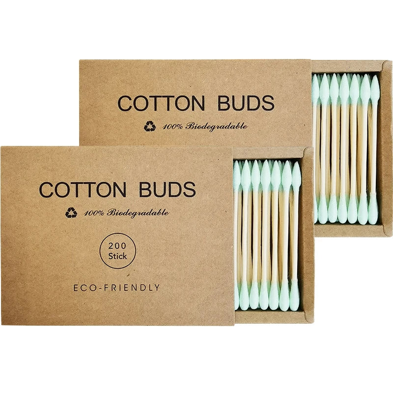 Two boxes of bamboo cotton swabs 400 pcs, biodegradable, organic wooden cotton swabs, double-ended ear swabs, 100% eco-natural