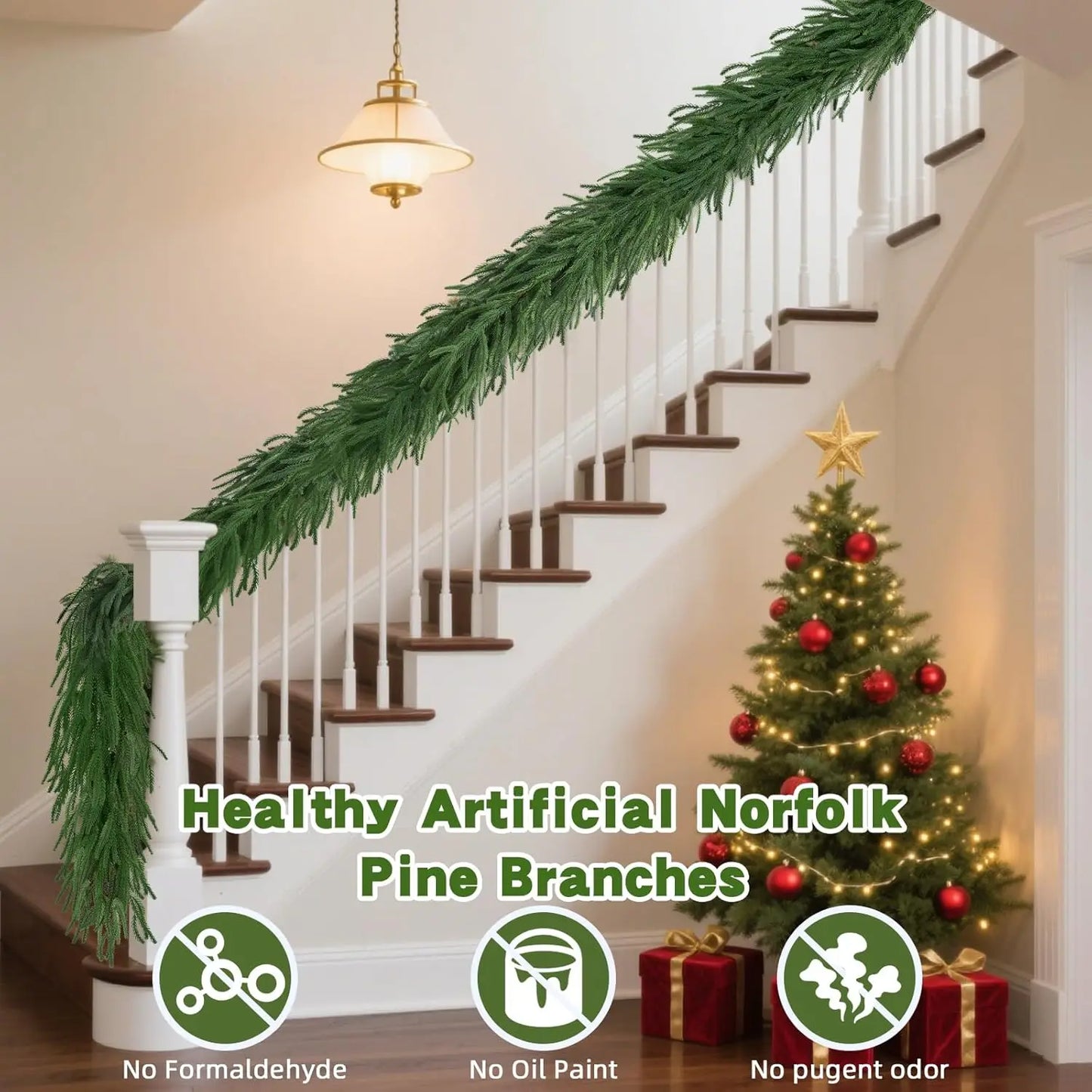 2Pcs Christmas Garland 6 FT Artificial Norfolk Pine Garlands for Winter Mantel Table Wall Xmas New Year Home Party Decorations