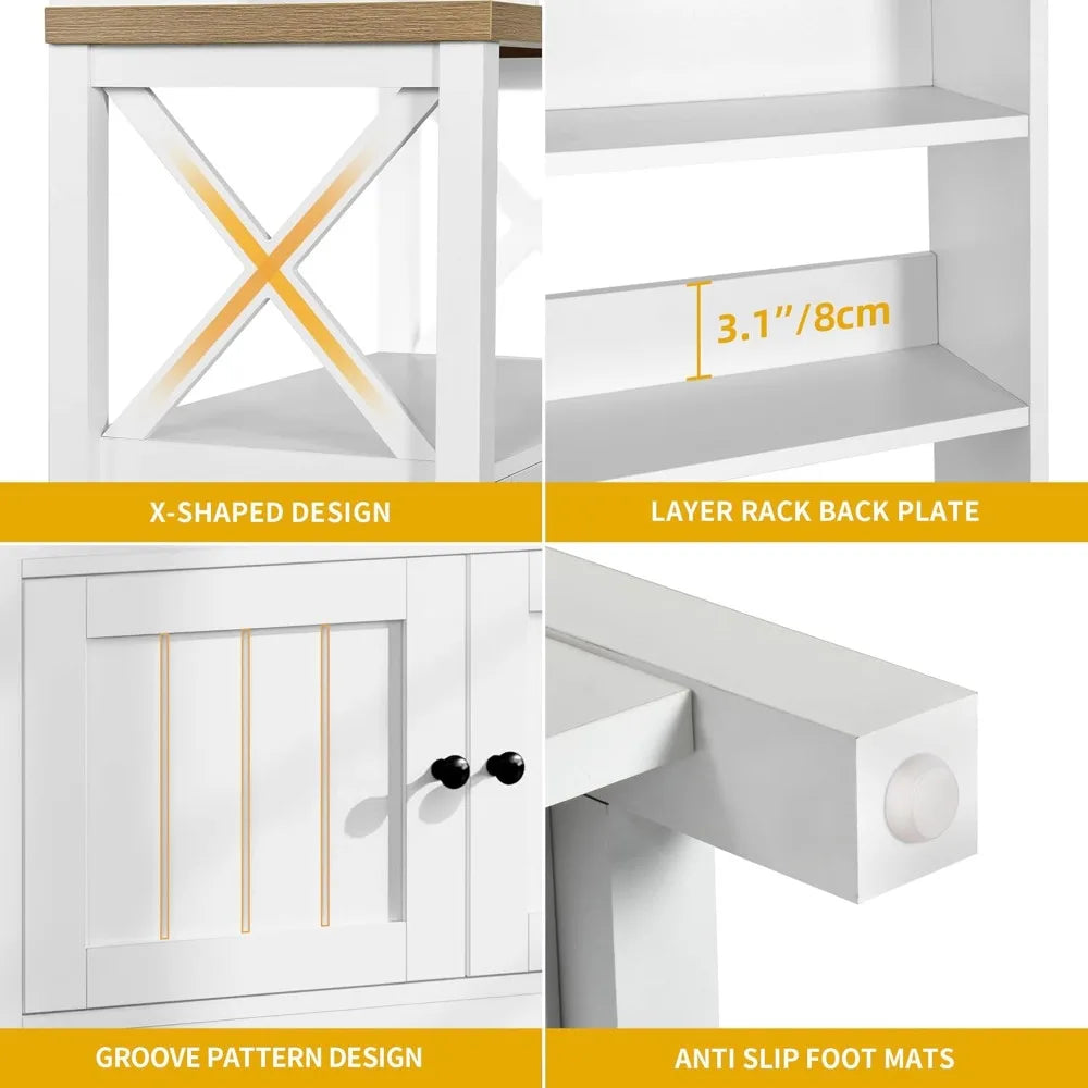 DWVO White Baker Rack with Storage & Power Outlet, Farmhouse Microwave Stand for Kitchen, 5-Tier Coffee Bar Cabinet Station Thic