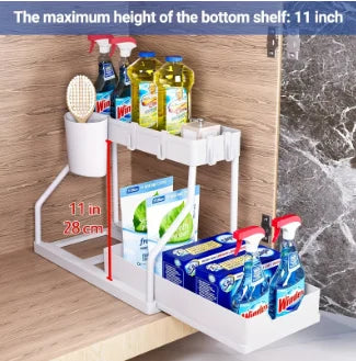 2 Tier Slide Out Under Sink Organizer with Hooks Space Saving Storage Rack for Kitchen Bathroom Cabinet Large Capacity Durable