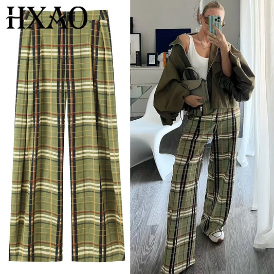 HXAO Plaid Baggy Pants Women's Pants Autumn 2025 Ladies Fashion Oversize High Waist Trousers Elegant Wide Leg Street Wear Pants